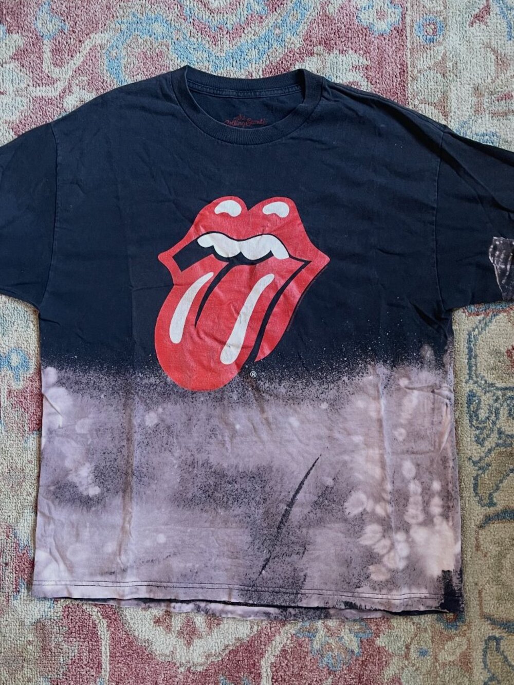 Rolling Stones Tongue Tee Black Distressed Bleach Fade Graphic Shirt